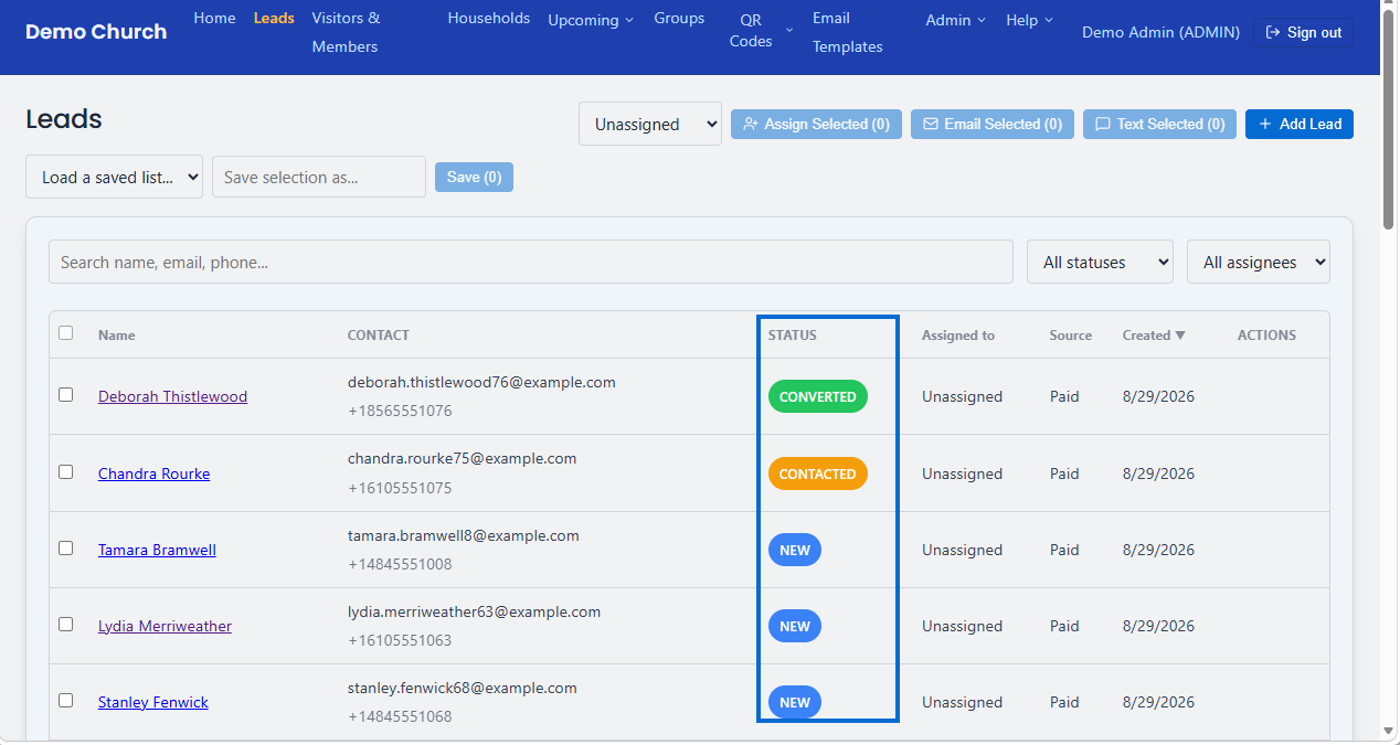 TracFlock leads list showing each person's pipeline status, contact info, and source